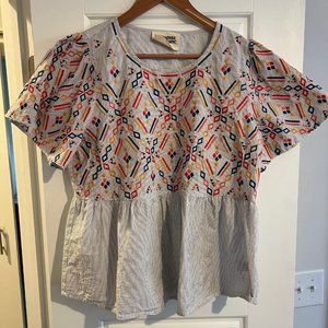 Savanna Jane Embroidered Geometric Striped Peplum Top Women's Size Large
